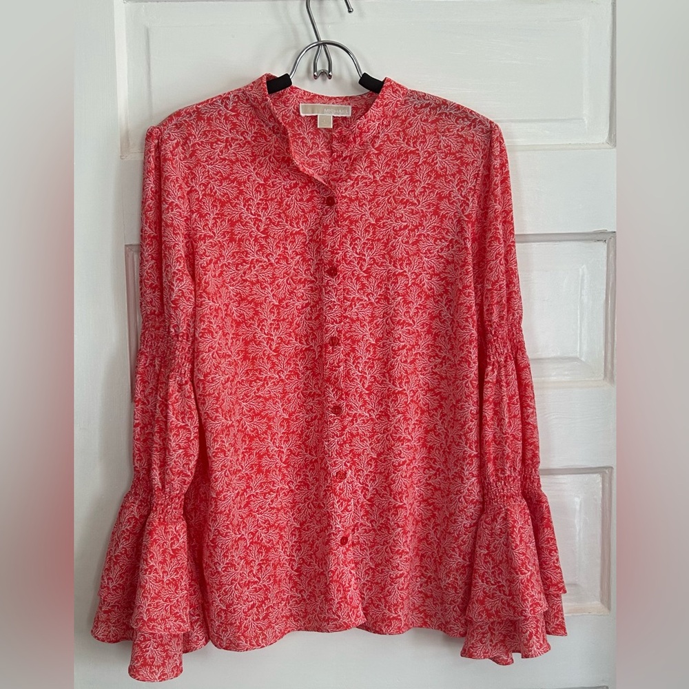 NWOT Michael Kors Coral Blouse with Bell Sleeves and Mandarin Collar, size L